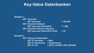Key-Value Datenbanken
Beispiel 1:
- GET <Eventid>
- GET besucher = 100.000
- GET <Eventid><Datum>
- GET besucher:28-04-2015 = 1.000
- GET <Eventid><Datum><Stunde>
- GET besucher:28-04-2015-18-00 = 50
Beispiel 2:
- GET <Person><Datenfeld>
- GET P1:Vorname = Max
- GET P1:Nachname = Mustermann
- GET P1:Tel = [0151-1234567, 0201-987654]
 