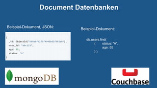 Document Datenbanken
Beispiel-Dokument, JSON:
db.users.find(
{ status: "A",
age: 55
} )
Beispiel-Dokument:
 