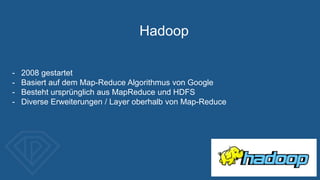 Hadoop
- 2008 gestartet
- Basiert auf dem Map-Reduce Algorithmus von Google
- Besteht ursprünglich aus MapReduce und HDFS
- Diverse Erweiterungen / Layer oberhalb von Map-Reduce
 