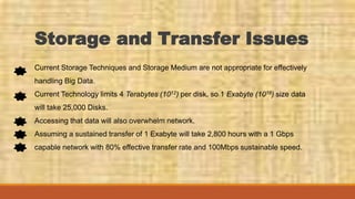 Storage and Transfer Issues
Current Storage Techniques and Storage Medium are not appropriate for effectively
handling Big Data.
Current Technology limits 4 Terabytes (1012) per disk, so 1 Exabyte (1018) size data
will take 25,000 Disks.
Accessing that data will also overwhelm network.
Assuming a sustained transfer of 1 Exabyte will take 2,800 hours with a 1 Gbps
capable network with 80% effective transfer rate and 100Mbps sustainable speed.
 
