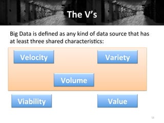 The	
  V’s	
  
Big	
  Data	
  is	
  deﬁned	
  as	
  any	
  kind	
  of	
  data	
  source	
  that	
  has	
  
at	
  least	
  three	
  shared	
  characteris+cs:	
  
	
  
	
  
11	
  
Velocity	
   Variety	
  
Volume	
  
Viability	
   Value	
  
 