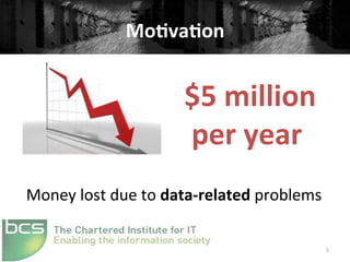 Mo#va#on	
  
5	
  
$5	
  million	
  
	
  per	
  year	
  
Money	
  lost	
  due	
  to	
  data-­‐related	
  problems	
  
 