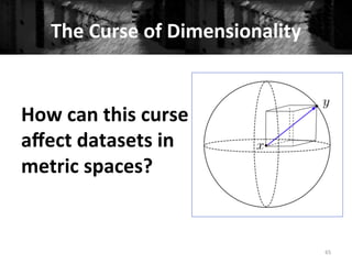 The	
  Curse	
  of	
  Dimensionality	
  
65	
  
	
  
How	
  can	
  this	
  curse	
  
aﬀect	
  datasets	
  in	
  
metric	
  spaces?	
  
 