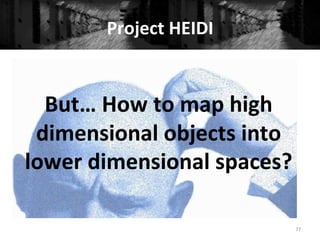 Project	
  HEIDI	
  
77	
  
	
  
But…	
  How	
  to	
  map	
  high	
  
dimensional	
  objects	
  into	
  
lower	
  dimensional	
  spaces?	
  
	
  
	
  
	
  
 