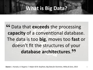 What	
  is	
  Big	
  Data?	
  
Data	
  that	
  exceeds	
  the	
  processing	
  
capacity	
  of	
  a	
  conven+onal	
  database.	
  
The	
  data	
  is	
  too	
  big,	
  moves	
  too	
  fast	
  or	
  
doesn’t	
  ﬁt	
  the	
  structures	
  of	
  your	
  
database	
  architectures.	
  
8	
  Source:	
  J.	
  Hurwitz,	
  A.	
  Nugent,	
  F.	
  Halper	
  &	
  M.	
  Kaufman,	
  Big	
  Data	
  for	
  Dummies,	
  Willey	
  &	
  Sons,	
  2013	
  
 