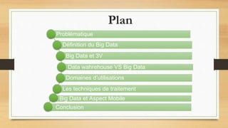 Plan
Problématique
Définition du Big Data
Big Data et 3V
Data wahrehouse VS Big Data
Domaines d’utilisations
Les technique...