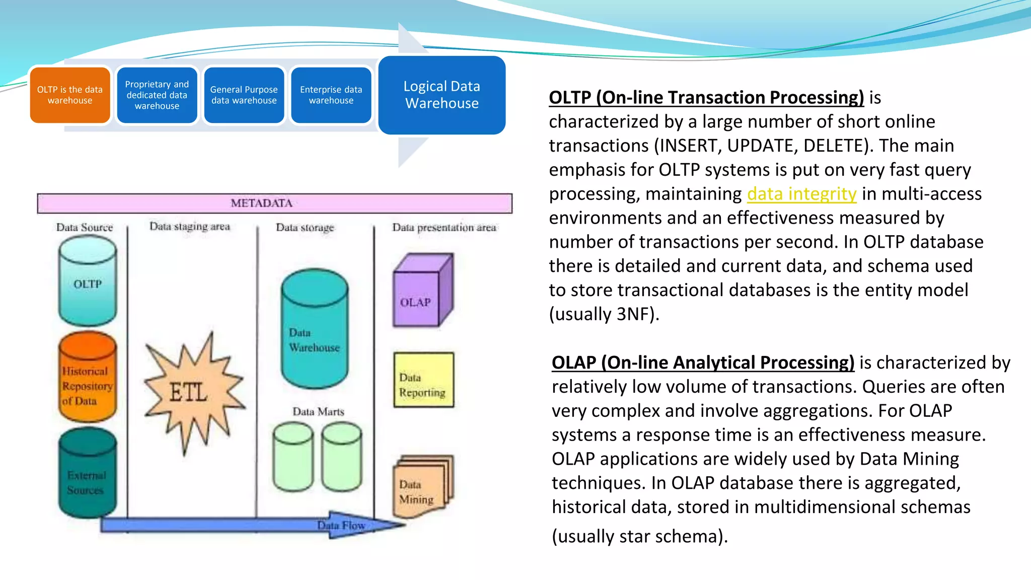 OLTP is the data
warehouse
Proprietary and
dedicated data
warehouse
General Purpose
data warehouse
Enterprise data
warehouse
Logical Data
Warehouse OLTP (On-line Transaction Processing) is
characterized by a large number of short online
transactions (INSERT, UPDATE, DELETE). The main
emphasis for OLTP systems is put on very fast query
processing, maintaining data integrity in multi-access
environments and an effectiveness measured by
number of transactions per second. In OLTP database
there is detailed and current data, and schema used
to store transactional databases is the entity model
(usually 3NF).
OLAP (On-line Analytical Processing) is characterized by
relatively low volume of transactions. Queries are often
very complex and involve aggregations. For OLAP
systems a response time is an effectiveness measure.
OLAP applications are widely used by Data Mining
techniques. In OLAP database there is aggregated,
historical data, stored in multidimensional schemas
(usually star schema).
 