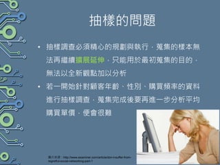 抽樣的問題
• 抽樣調查必須精心的規劃與執行，蒐集的樣本無
法再繼續擴展延伸，只能用於最初蒐集的目的，
無法以全新觀點加以分析
• 若一開始針對顧客年齡、性別、購買頻率的資料
進行抽樣調查，蒐集完成後要再進一步分析平均
購買單價，便會很難
圖片來源：http://www.examiner.com/article/don-t-suffer-from-
regretful-social-networking-part-1
 