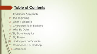 Table of Contents
1. Traditional Approach
2. The Beginning
3. What is Big Data
4. Characteristic of Big Data
5. Why Big Data
6. Big Data Analytics
7. Big Players
8. Hadoop as an Example
9. Components of Hadoop
10.References
 
