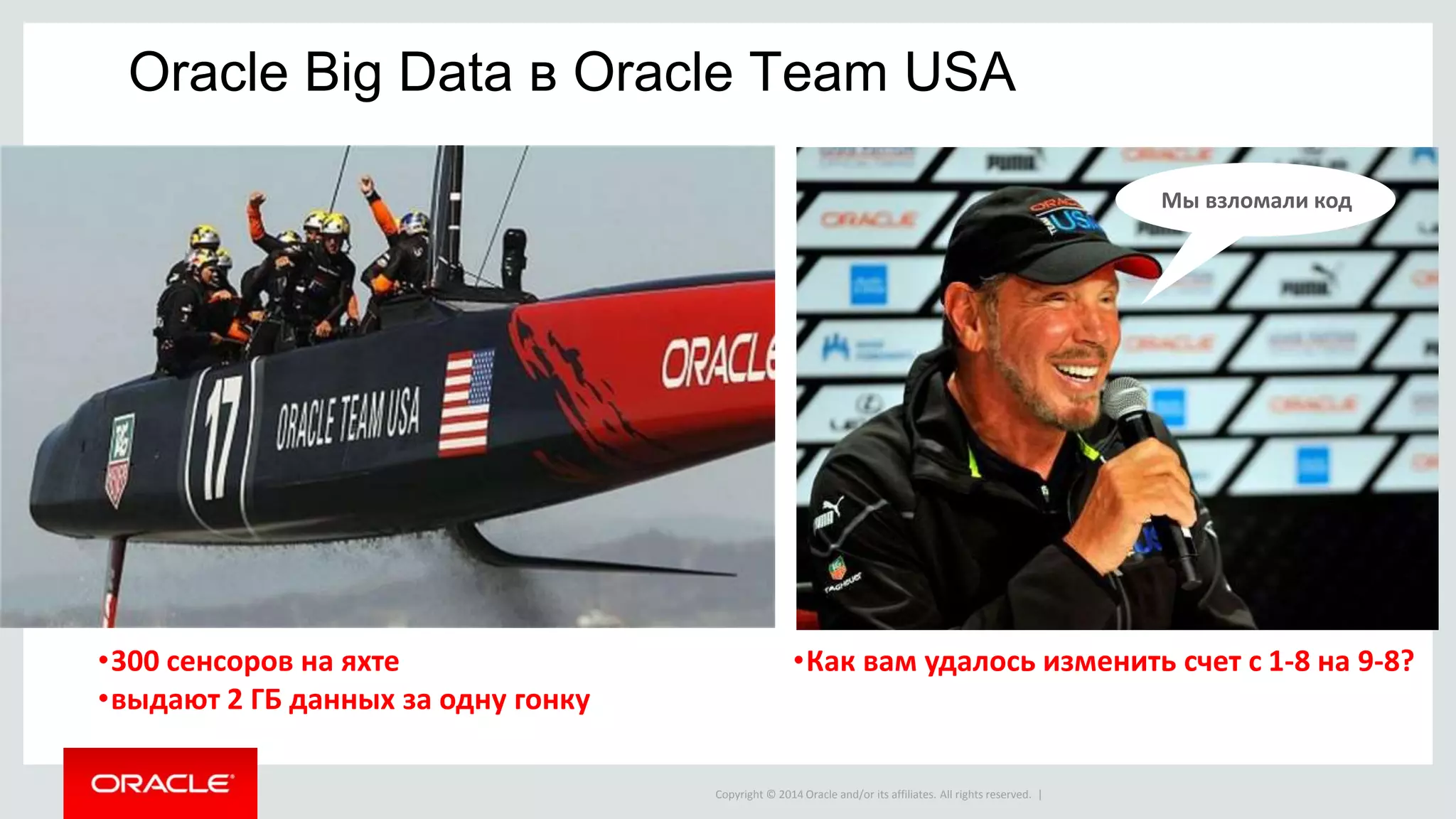 Copyright © 2014 Oracle and/or its affiliates. All rights reserved. |
•Как вам удалось изменить счет с 1-8 на 9-8?
Oracle Big Data в Oracle Team USA
Мы взломали код
•300 сенсоров на яхте
•выдают 2 ГБ данных за одну гонку
 