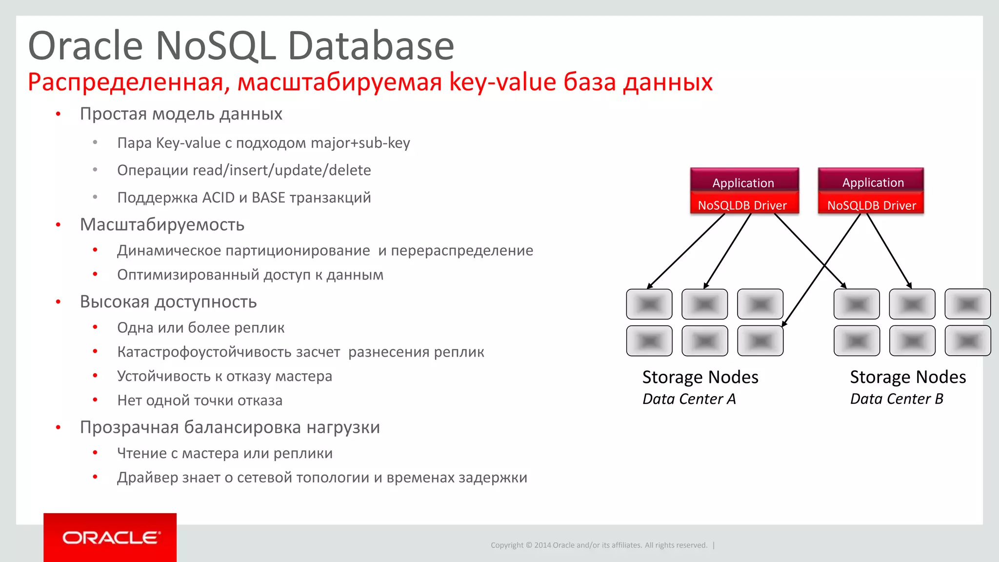 Copyright © 2014 Oracle and/or its affiliates. All rights reserved. |
Oracle NoSQL Database
Распределенная, масштабируемая key-value база данных
• Простая модель данных
• Пара Key-value с подходом major+sub-key
• Операции read/insert/update/delete
• Поддержка ACID и BASE транзакций
• Масштабируемость
• Динамическое партиционирование и перераспределение
• Оптимизированный доступ к данным
• Высокая доступность
• Одна или более реплик
• Катастрофоустойчивость засчет разнесения реплик
• Устойчивость к отказу мастера
• Нет одной точки отказа
• Прозрачная балансировка нагрузки
• Чтение с мастера или реплики
• Драйвер знает о сетевой топологии и временах задержки
Storage Nodes
Data Center A
Storage Nodes
Data Center B
NoSQLDB Driver
Application
NoSQLDB Driver
Application
 