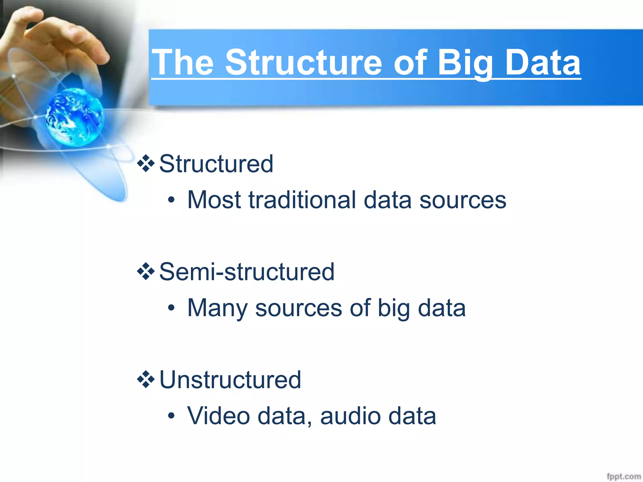 The Structure of Big Data
Structured
• Most traditional data sources
Semi-structured
• Many sources of big data
Unstructured
• Video data, audio data
 
