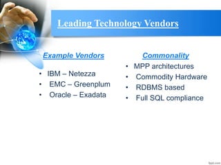 Leading Technology Vendors
Example Vendors
• IBM – Netezza
• EMC – Greenplum
• Oracle – Exadata
Commonality
• MPP architec...