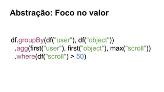 Abstração: Foco no valor
df.groupBy(df("user"), df("object"))
.agg(first("user"), first("object"), max("scroll"))
.where(df("scroll") > 50)
 