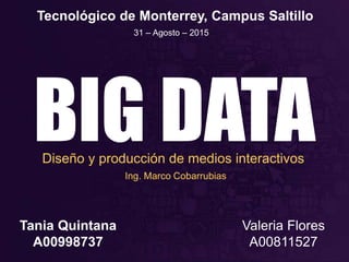 BIG DATA
Tecnológico de Monterrey, Campus Saltillo
31 – Agosto – 2015
Diseño y producción de medios interactivos
Tania Quintana
A00998737
Valeria Flores
A00811527
Ing. Marco Cobarrubias
 