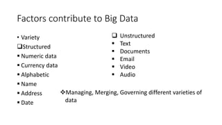 Factors contribute to Big Data
• Variety
Structured
 Numeric data
 Currency data
 Alphabetic
 Name
 Address
 Date
 Unstructured
 Text
 Documents
 Email
 Video
 Audio
Managing, Merging, Governing different varieties of
data
 