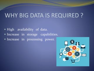 WHY BIG DATA IS REQUIRED ?
 High availability of data.
 Increase in storage capabilities.
 Increase in processing power.
 