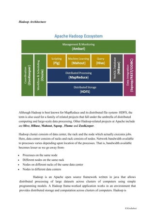 Hadoop Architecture
Although Hadoop is best known for MapReduce and its distributed file system- HDFS, the
term is also used for a family of related projects that fall under the umbrella of distributed
computing and large-scale data processing. Other Hadoop-related projects at Apache include
are Hive, HBase, Mahout, Sqoop , Flume and ZooKeeper.
Hadoop cluster consists of data center, the rack and the node which actually executes jobs.
Here, data center consists of racks and rack consists of nodes. Network bandwidth available
to processes varies depending upon location of the processes. That is, bandwidth available
becomes lesser as we go away from-
 Processes on the same node 

 Different nodes on the same rack 

 Nodes on different racks of the same data center 

 Nodes in different data centers 
Hadoop is an Apache open source framework written in java that allows
distributed processing of large datasets across clusters of computers using simple
programming models. A Hadoop frame-worked application works in an environment that
provides distributed storage and computation across clusters of computers. Hadoop is
R.Kirubaburi
 