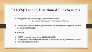 HDFS(Hadoop Distributed Files System)
 Un système de fichiers large ,distribué et scalable
 Ou moins 10K nœuds ,100 milles de fichiers
 HDFS pour stocker de très gros volumes de données sur un grand nombre
de machines(nœuds).
 Principe :
1. HDFS crée des blocs entre 64MB et 256MB.
2. Chaque bloc est enregistré dans un nœud (Data Node)différent du cluster
3. Répliquée plusieurs fois.
15
 