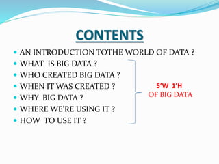 CONTENTS
 AN INTRODUCTION TOTHE WORLD OF DATA ?
 WHAT IS BIG DATA ?
 WHO CREATED BIG DATA ?
 WHEN IT WAS CREATED ?
 W...