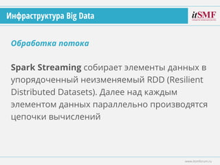 Spark Streaming собирает элементы данных в
упорядоченный неизменяемый RDD (Resilient
Distributed Datasets). Далее над каждым
элементом данных параллельно производятся
цепочки вычислений
Обработка потока
www.itsmforum.ru
Инфраструктура Big Data
 
