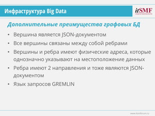 • Вершина является JSON-документом
• Все вершины связаны между собой ребрами
• Вершины и ребра имеют физические адреса, которые
однозначно указывают на местоположение данных
• Ребра имеют 2 направления и тоже являются JSON-
документом
• Язык запросов GREMLIN
Дополнительные преимущества графовых БД
www.itsmforum.ru
Инфраструктура Big Data
 