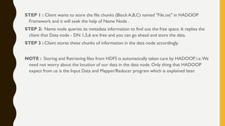 STEP 1 : Client wants to store the file chunks (Block A,B,C) named "File.txt" in HADOOP
Framework and it will seek the help of Name Node .
STEP 2: Name node queries its metadata information to find out the free space. It replies the
client that Data node - DN 1,5,6 are free and you can go ahead and store the data.
STEP 3 : Client stores these chunks of information in the data node accordingly.
NOTE : Storing and Retrieving files from HDFS is automatically taken care by HADOOP. i.e.We
need not worry about the location of our data in the data node. Only thing that HADOOP
expect from us is the Input Data and Mapper/Reducer program which is explained later.
 