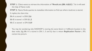 STEP 1: Client wants to retrieve the information of "Result.txt (Blk A,B,C) ". So it will seek
the help of Name node
STEP 2: Name Node queries its metadata information to find out where result.txt is stored.
It replies the client that
Blk A is stored in DN1,5,6
Blk B is stored in DN 8,1,2
Blk C is stored in DN 5,8,9
You may be wondering why HADOOP is storing the same block in 3 different location in the
data node, (Eg: Blk A is stored in DN 1, 5 and 6) that is where Replication Factor ( RF)
comes into picture.
 