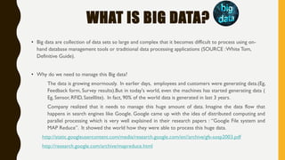 WHAT IS BIG DATA?
• Big data are collection of data sets so large and complex that it becomes difficult to process using on-
hand database management tools or traditional data processing applications (SOURCE :White Tom,
Definitive Guide).
• Why do we need to manage this Big data?
The data is growing enormously. In earlier days, employees and customers were generating data.(Eg,
Feedback form, Survey results).But in today's world, even the machines has started generating data (
Eg, Sensor, RFID, Satelllite). In fact, 90% of the world data is generated in last 3 years.
Company realized that it needs to manage this huge amount of data. Imagine the data flow that
happens in search engines like Google. Google came up with the idea of distributed computing and
parallel processing which is very well explained in their research papers : “Google File system and
MAP Reduce”. It showed the world how they were able to process this huge data.
http://static.googleusercontent.com/media/research.google.com/en//archive/gfs-sosp2003.pdf
http://research.google.com/archive/mapreduce.html
 