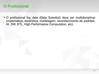 11
O Profissional
O profissional big data (Data Scientist) deve ser multidisciplinar
(matemática, estatística, modelagem, reconhecimento de padrões,
IA, DW, ETL, High Performance Computation, etc).
 