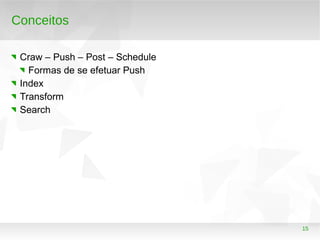 15
Conceitos
Craw – Push – Post – Schedule
Formas de se efetuar Push
Index
Transform
Search
 