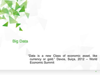 4
Big Data
“Data is a new Class of economic asset, like
currency or gold.” Davos, Suiça, 2012 – World
Economic Summit
 