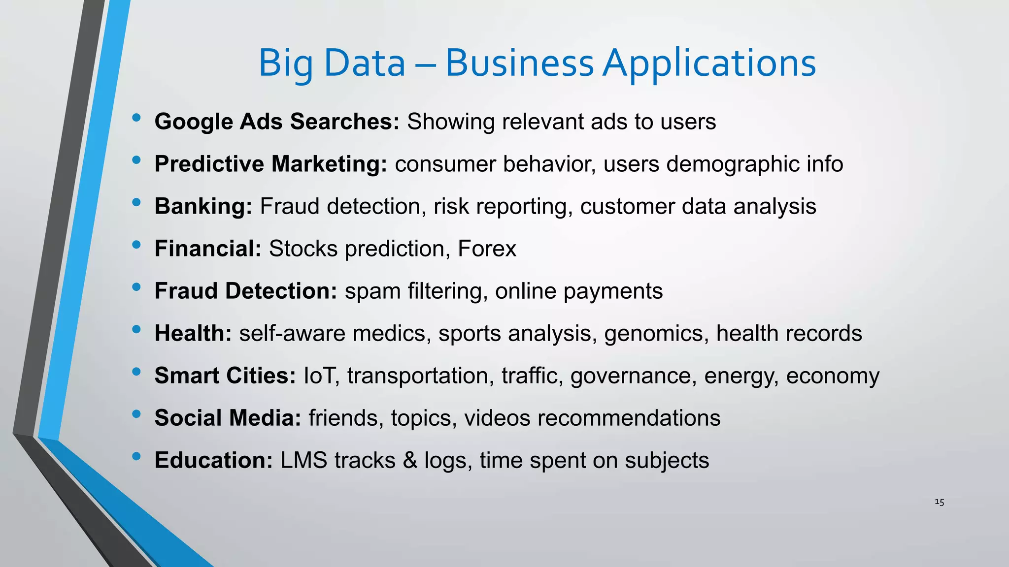 Big Data – Business Applications
• Google Ads Searches: Showing relevant ads to users
• Predictive Marketing: consumer behavior, users demographic info
• Banking: Fraud detection, risk reporting, customer data analysis
• Financial: Stocks prediction, Forex
• Fraud Detection: spam filtering, online payments
• Health: self-aware medics, sports analysis, genomics, health records
• Smart Cities: IoT, transportation, traffic, governance, energy, economy
• Social Media: friends, topics, videos recommendations
• Education: LMS tracks & logs, time spent on subjects
15
 