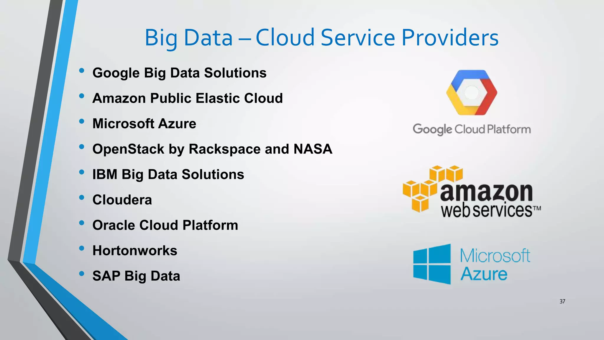 Big Data – Cloud Service Providers
• Google Big Data Solutions
• Amazon Public Elastic Cloud
• Microsoft Azure
• OpenStack by Rackspace and NASA
• IBM Big Data Solutions
• Cloudera
• Oracle Cloud Platform
• Hortonworks
• SAP Big Data
37
 