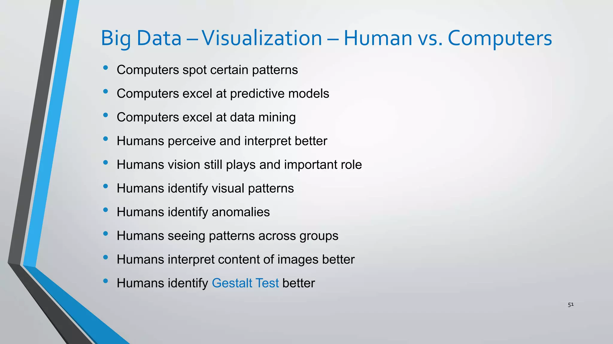 Big Data –Visualization – Human vs. Computers
• Computers spot certain patterns
• Computers excel at predictive models
• Computers excel at data mining
• Humans perceive and interpret better
• Humans vision still plays and important role
• Humans identify visual patterns
• Humans identify anomalies
• Humans seeing patterns across groups
• Humans interpret content of images better
• Humans identify Gestalt Test better
51
 