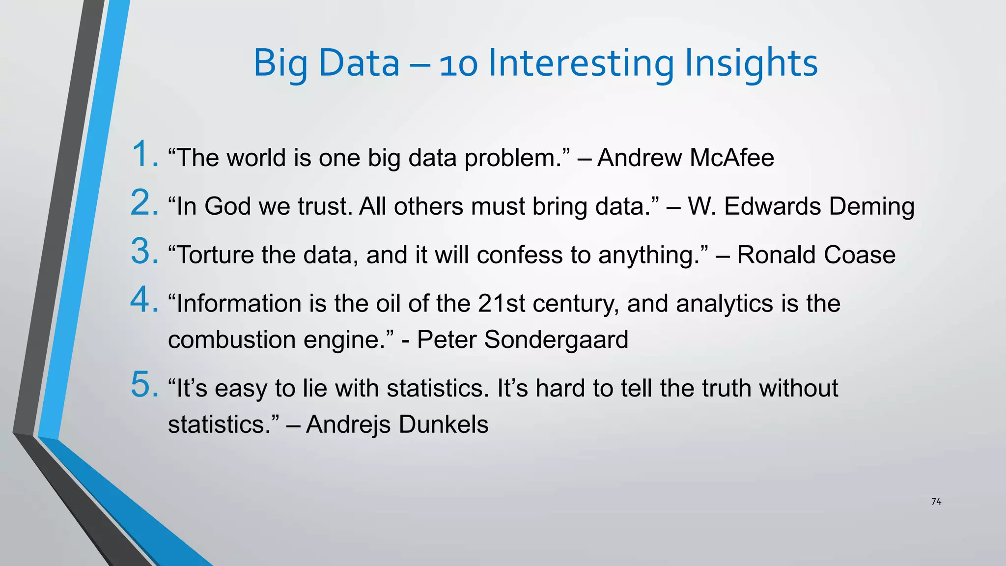 Big Data – 10 Interesting Insights
1. “The world is one big data problem.” – Andrew McAfee
2. “In God we trust. All others must bring data.” – W. Edwards Deming
3. “Torture the data, and it will confess to anything.” – Ronald Coase
4. “Information is the oil of the 21st century, and analytics is the
combustion engine.” - Peter Sondergaard
5. “It’s easy to lie with statistics. It’s hard to tell the truth without
statistics.” – Andrejs Dunkels
74
 