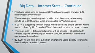 Big Data – Internet Stats – Continued
• Facebook users send on average 31.25 million messages and view 2.77
million videos every minute.
• We are seeing a massive growth in video and photo data, where every
minute up to 300 hours of video are uploaded to YouTube alone.
• In 2015, a staggering 1 trillion photos will be taken and billions of them will be
shared online. By 2017, nearly 80% of photos will be taken on smart phones.
• This year, over 1.4 billion smart phones will be shipped – all packed with
sensors capable of collecting all kinds of data, not to mention the data the
users create themselves.
• By 2020, we will have over 6.1 billion smartphone users globally (overtaking
basic fixed phone subscriptions).
11
 