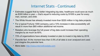 Internet Stats - Continued
• Estimates suggest that by better integrating big data, healthcare could save as much
as $300 billion a year — that’s equal to reducing costs by $1000 a year for every
man, woman, and child.
• The White House has already invested more than $200 million in big data projects.
• For a typical Fortune 1000 company, just a 10% increase in data accessibility will
result in more than $65 million additional net income.
• Retailers who leverage the full power of big data could increase their operating
margins by as much as 60%.
• 73% of organizations have already invested or plan to invest in big data by 2016
• Favorite fact: At the moment less than 0.5% of all data is ever analyzed and used,
just imagine the potential here.
• More stats: http://www.internetlivestats.com
13
 