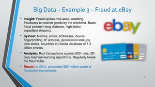 Big Data – Example 3 – Fraud at eBay
• Insight: Fraud spikes mid-week, enabling
fraudsters to receive goods by the weekend. Basic
fraud pattern= long-distance, high-dollar,
expedited shipping.
• System: Names, email, addresses, device
fingerprinting, IP address, geolocation lookups,
time zones, countries in Oracle database of 1.3
billion entries.
• Analysis: Run transactions against 600 rules, 20-
plus machine learning algorithms. Regularly tweak
the fraud rules.
• Result: In 2014, prevented $55-million worth of
fraudulent transactions.
19
 