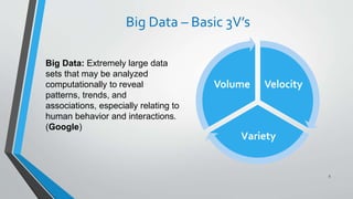 Big Data – Basic 3V’s
Big Data: Extremely large data
sets that may be analyzed
computationally to reveal
patterns, trends, and
associations, especially relating to
human behavior and interactions.
(Google)
5
Velocity
Variety
Volume
 