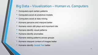 Big Data –Visualization – Human vs. Computers
• Computers spot certain patterns
• Computers excel at predictive models
• Computers excel at data mining
• Humans perceive and interpret better
• Humans vision still plays and important role
• Humans identify visual patterns
• Humans identify anomalies
• Humans seeing patterns across groups
• Humans interpret content of images better
• Humans identify Gestalt Test better
51
 