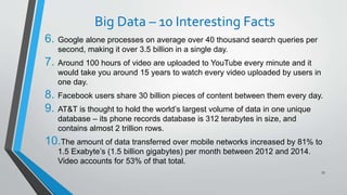 Big Data – 10 Interesting Facts
6. Google alone processes on average over 40 thousand search queries per
second, making it over 3.5 billion in a single day.
7. Around 100 hours of video are uploaded to YouTube every minute and it
would take you around 15 years to watch every video uploaded by users in
one day.
8. Facebook users share 30 billion pieces of content between them every day.
9. AT&T is thought to hold the world’s largest volume of data in one unique
database – its phone records database is 312 terabytes in size, and
contains almost 2 trillion rows.
10.The amount of data transferred over mobile networks increased by 81% to
1.5 Exabyte’s (1.5 billion gigabytes) per month between 2012 and 2014.
Video accounts for 53% of that total.
73
 