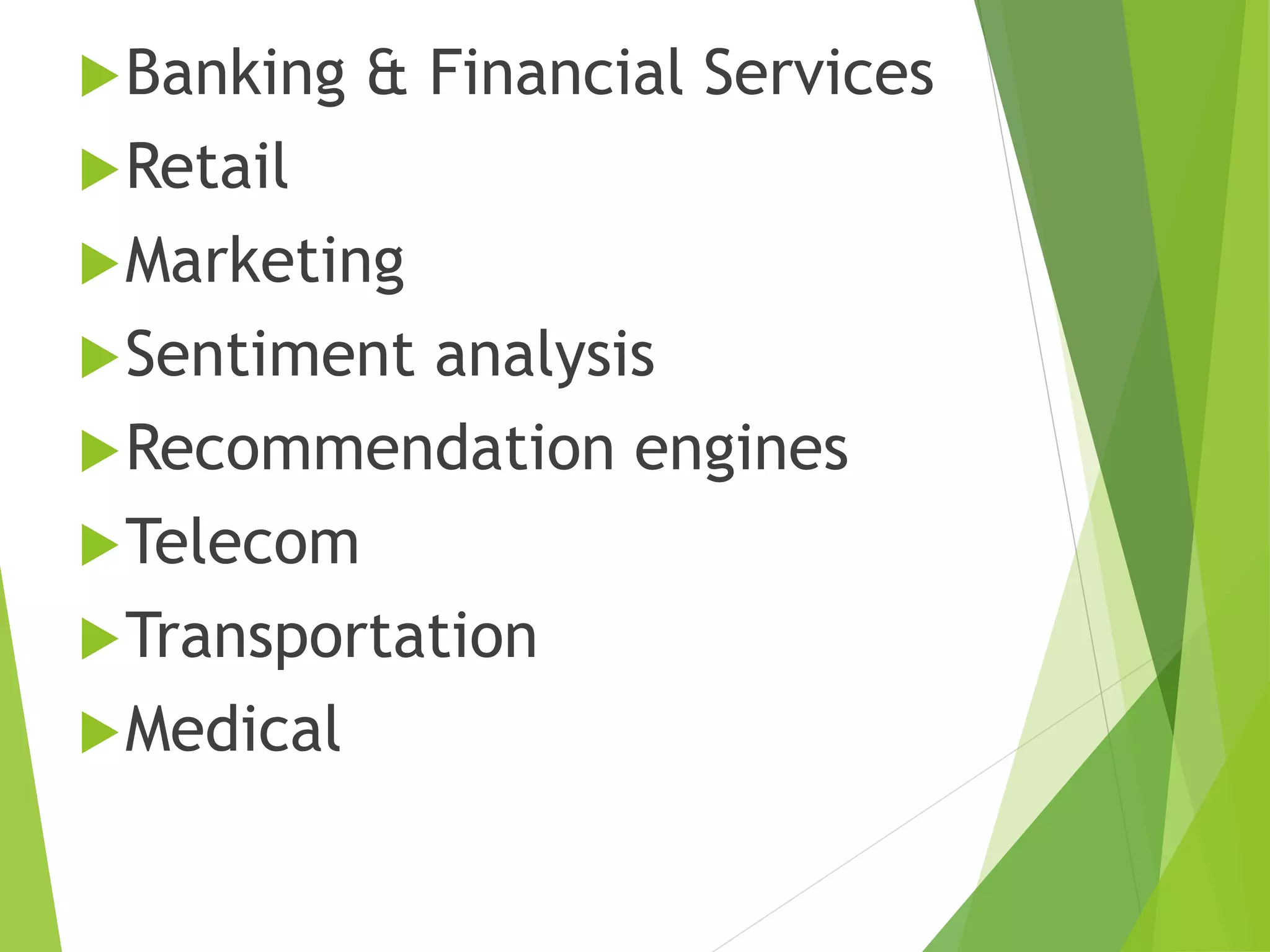 Banking & Financial Services
Retail
Marketing
Sentiment analysis
Recommendation engines
Telecom
Transportation
Medical
 