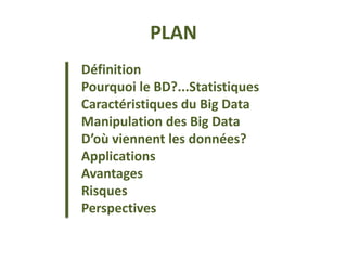 PLAN
Définition
Pourquoi le BD?...Statistiques
Caractéristiques du Big Data
Manipulation des Big Data
D’où viennent les données?
Applications
Avantages
Risques
Perspectives
 