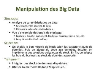 Manipulation des Big Data
Stockage:
 Analyse de caractéristiques de data:
 Sélectionner les sources de data.
 Eliminer les données redondantes.
 Vue d’ensemble des outils de stockage:
 Modèles: Graphe, document, feuille ou classeur, valeur clé…etc.
 Le système distribué Hadoop.
Sélection:
 On choisit le bon modèle de stock selon les caractéristiques de
données. Puis on ajoute du code aux données. Ensuite, on
implémente des solutions polyglottes de stock. En fin, on adapte
les buts du business au stock de données approprié.
Traitement:
 Intégrer des stocks de données dispatchés.
 Utiliser La méthode Hadoop MapReduce.
 