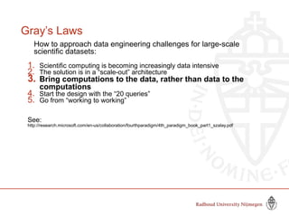 Gray’s Laws
How to approach data engineering challenges for large-scale
scientific datasets:
1. Scientific computing is becoming increasingly data intensive
2. The solution is in a “scale-out” architecture
3. Bring computations to the data, rather than data to the
computations
4. Start the design with the “20 queries”
5. Go from “working to working”
See:
http://research.microsoft.com/en-us/collaboration/fourthparadigm/4th_paradigm_book_part1_szalay.pdf
 