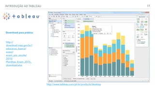 INTRODUÇÃO AO TABLEAU 17
http://
download.inep.gov.br//
educacao_basica/
enem/
enem_por_escola/
2015/
Planilhas_Enem_2015_
download.xlsx
Download para prática:
http://www.tableau.com/pt-br/products/desktop
 