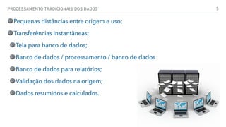 PROCESSAMENTO TRADICIONAIS DOS DADOS 5
Pequenas distâncias entre origem e uso;
Transferências instantâneas;
Tela para banco de dados;
Banco de dados / processamento / banco de dados
Banco de dados para relatórios;
Validação dos dados na origem;
Dados resumidos e calculados.
 