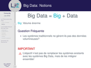 29
Thinking Big
Lilia SFAXI
Le Phénomène Big
Data
Un peu d’Histoire
8Notions
Les Problématiques
des Big Data
Challenges &
Problématiques
Stockage
Traitement
Collecte
Lambda Architecture
Domaines de
Recherche
LIP2 - MASTER
INSAT, Tunis
Tunisie
l
.p Big Data: Notions
Big Data = Big + Data
Big: Volume énorme
Question Fréquente
Les systèmes traditionnels ne gèrent-ils pas des données
volumineuses?
IMPORTANT
L’objectif n’est pas de remplacer les systèmes existants
avec les systèmes Big Data, mais de les intégrer
ensemble!
 