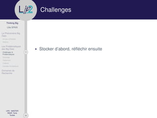 29
Thinking Big
Lilia SFAXI
Le Phénomène Big
Data
Un peu d’Histoire
Notions
Les Problématiques
des Big Data
11Challenges &
Problématiques
Stockage
Traitement
Collecte
Lambda Architecture
Domaines de
Recherche
LIP2 - MASTER
INSAT, Tunis
Tunisie
l
.p Challenges
Stocker d’abord, réﬂéchir ensuite
 